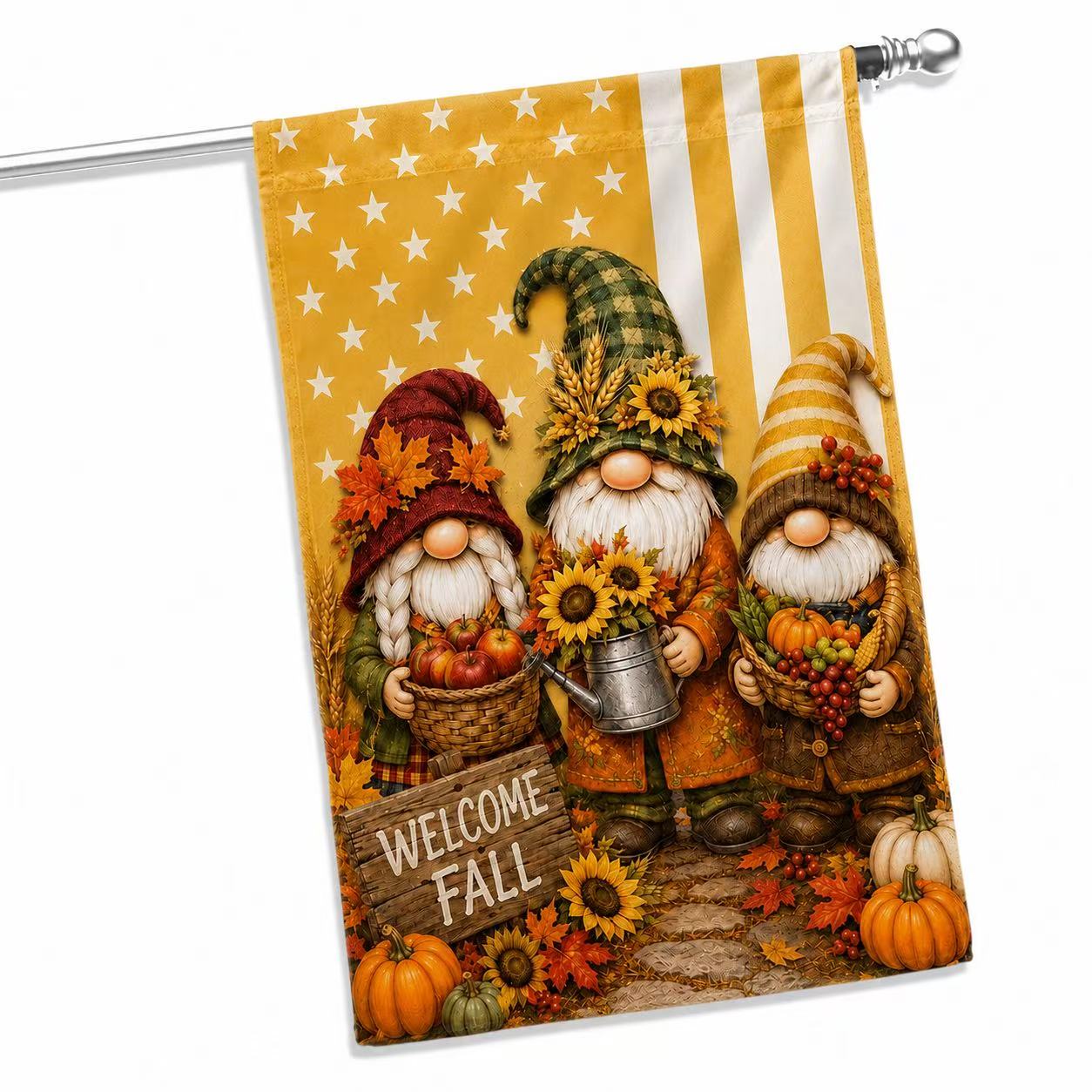 Welcome Fall Harvest Gnome Pumpkin House Flag