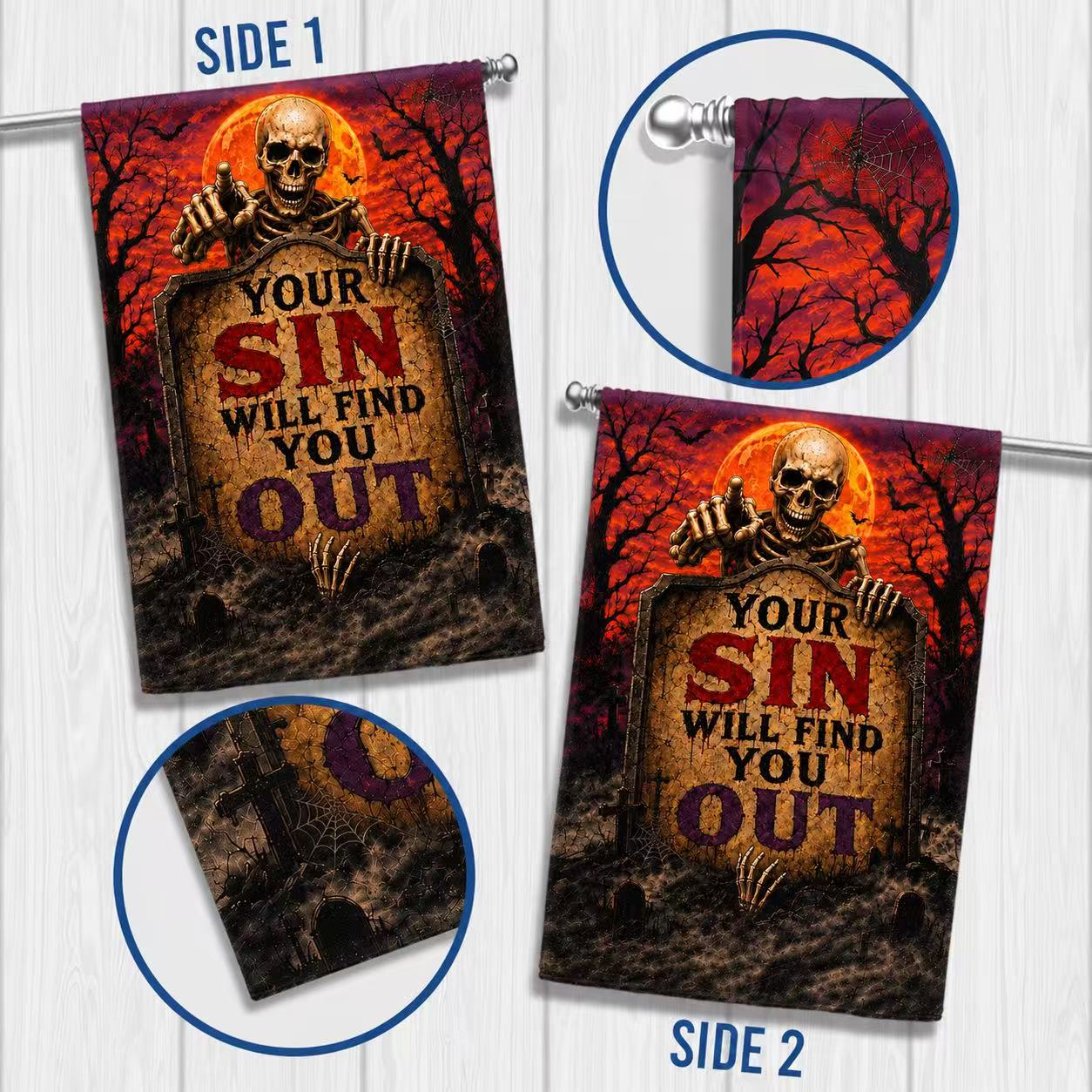 Your Sin Will Find You Out Spooky Skeleton Halloween Garden Flag