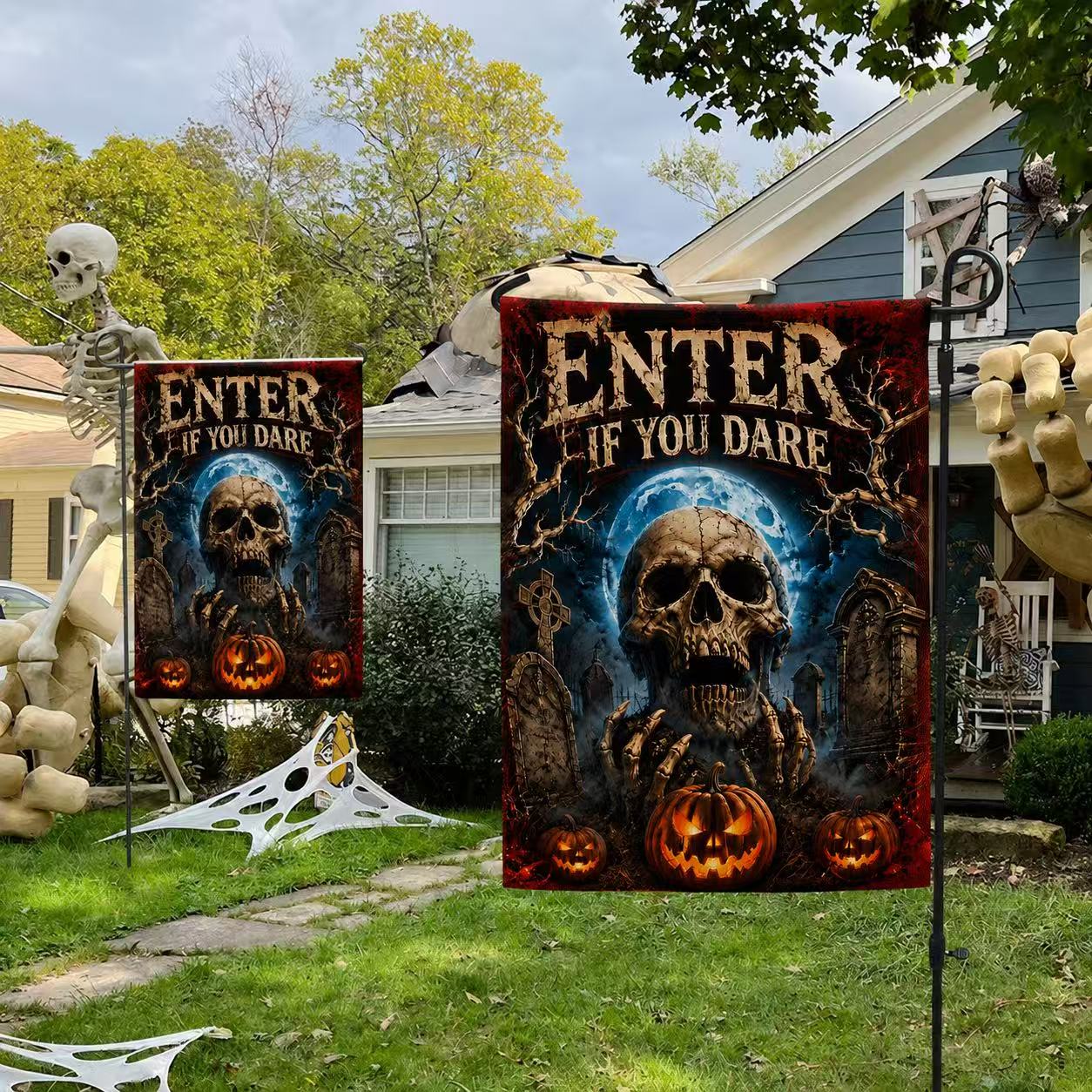 Halloween Enter If You Dare Skull Graveyard Pumpkin Garden Flag