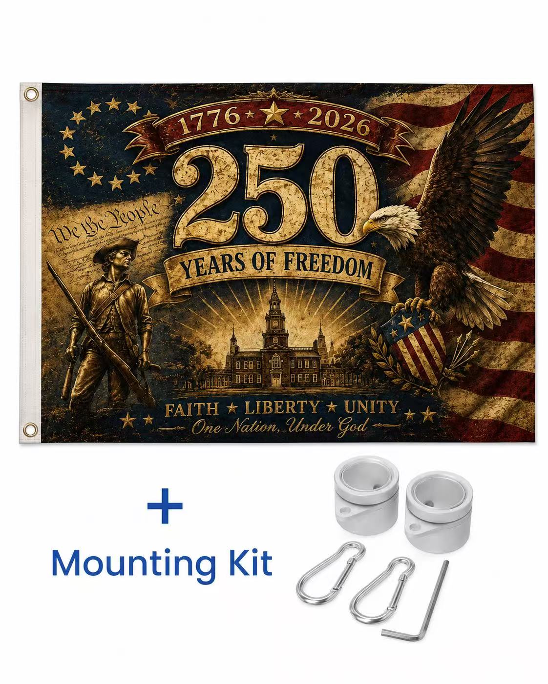 America 250 Years of Freedom Faith Liberty Unity Flag – 1776–2026 Patriotic Vintage USA Flag