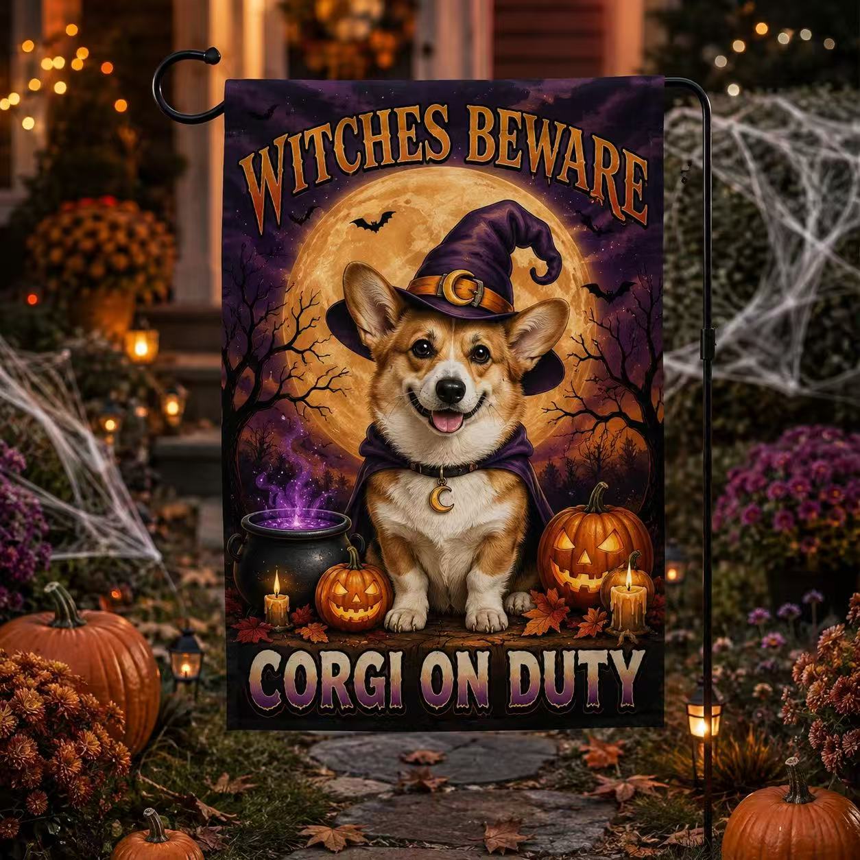 Witches Beware Corgi on Duty Halloween Garden Flag