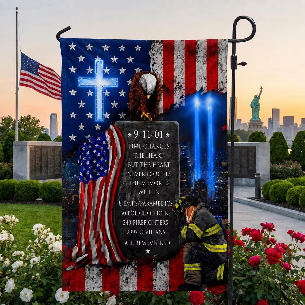 911 Patriot Day Never Forget Flag Time Changes The Heart But The Heart Never Forgets Flag