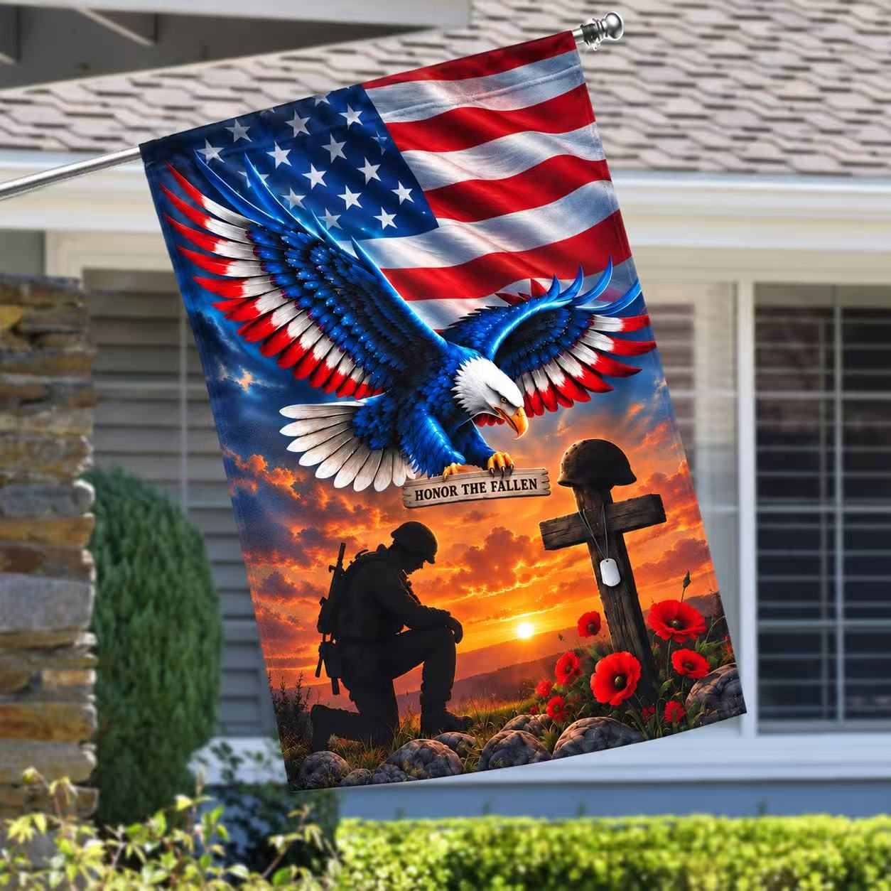Veterans Day Flag. Veteran Kneeling Soldier Christian Cross We The People Flag