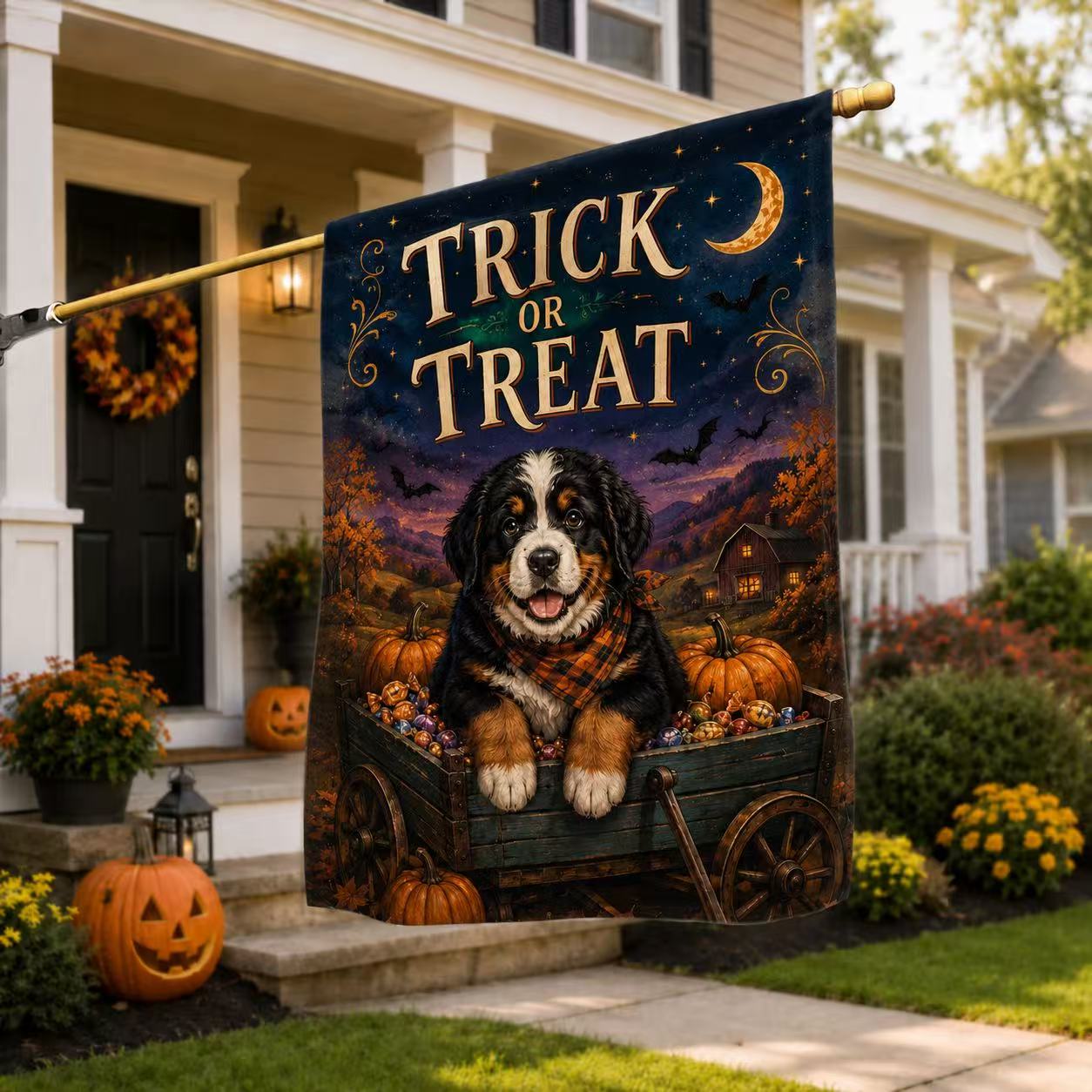 Trick or Treat Bernese Mountain Dog Halloween Garden Flag