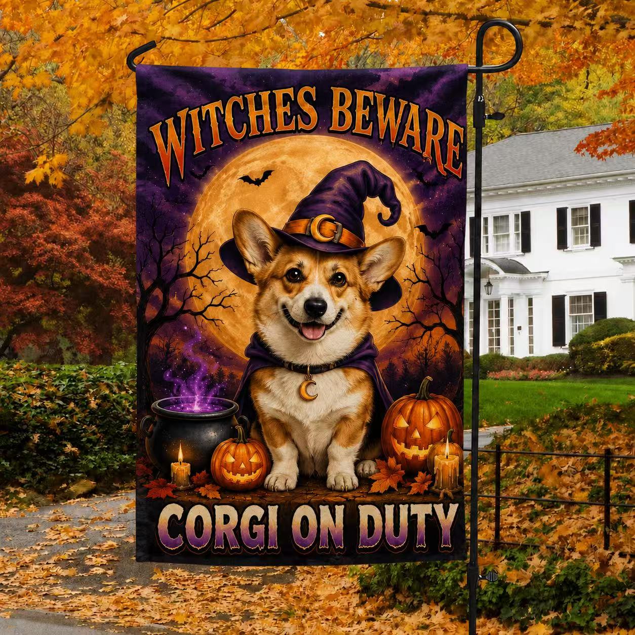 Witches Beware Corgi on Duty Halloween Garden Flag