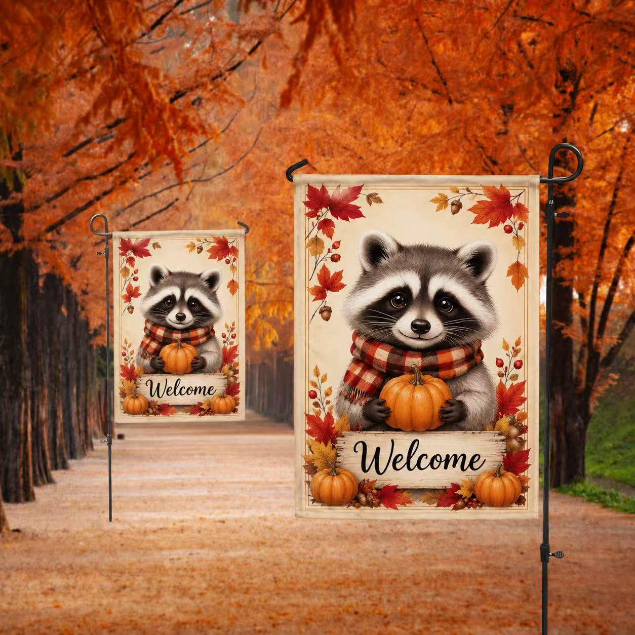 Welcome Fall Cute Raccoon Pumpkin Autumn Garden Flag
