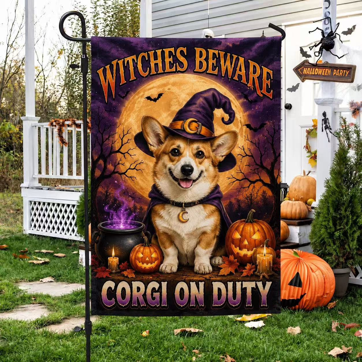 Witches Beware Corgi on Duty Halloween Garden Flag