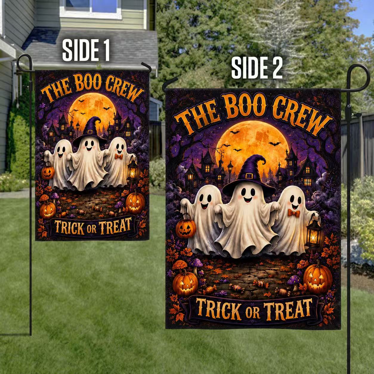 The Boo Crew Cute Ghosts Trick or Treat Halloween Garden Flag