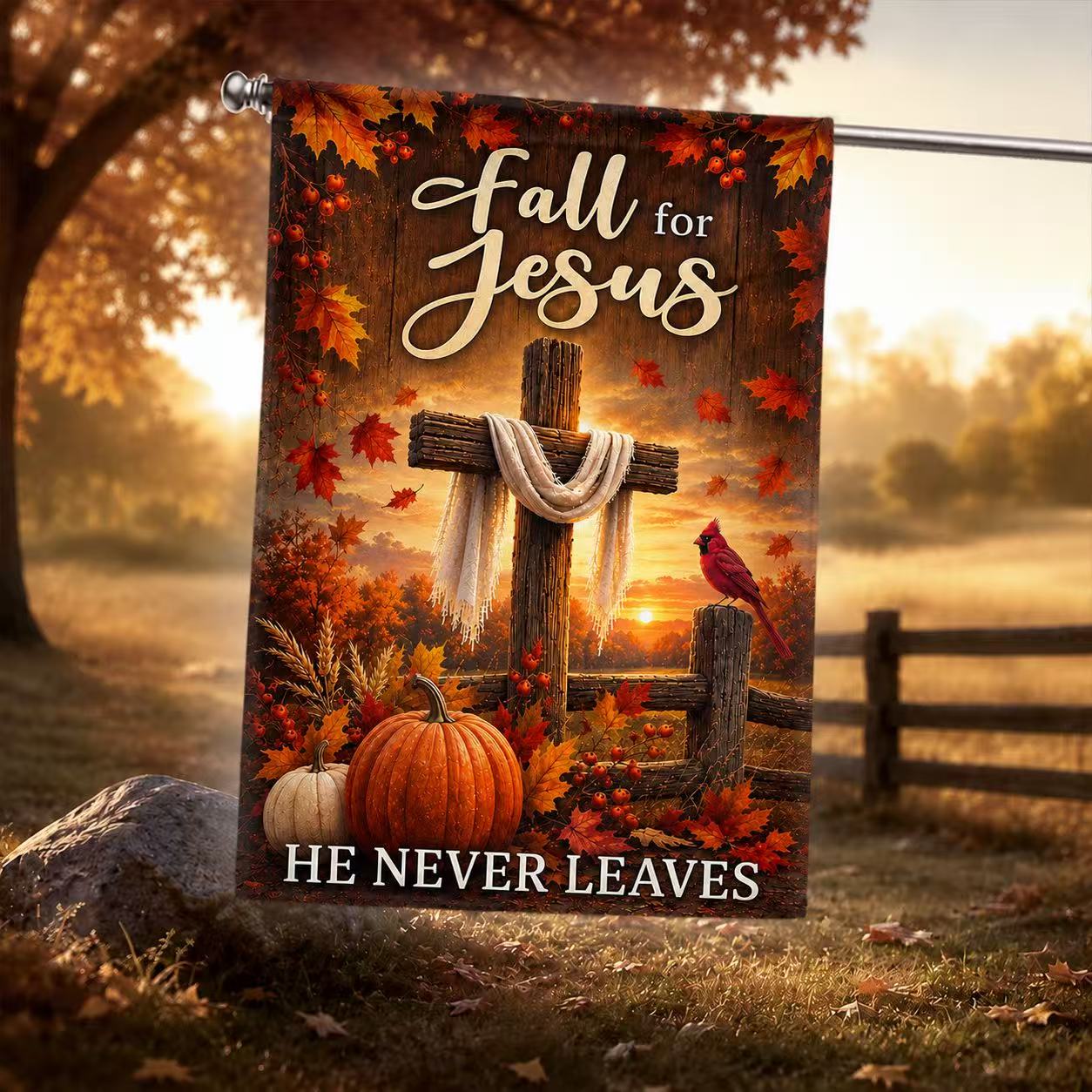 Fall For Jesus He Never Leaves Autumn Maple Leaf Cross Christian US Flag