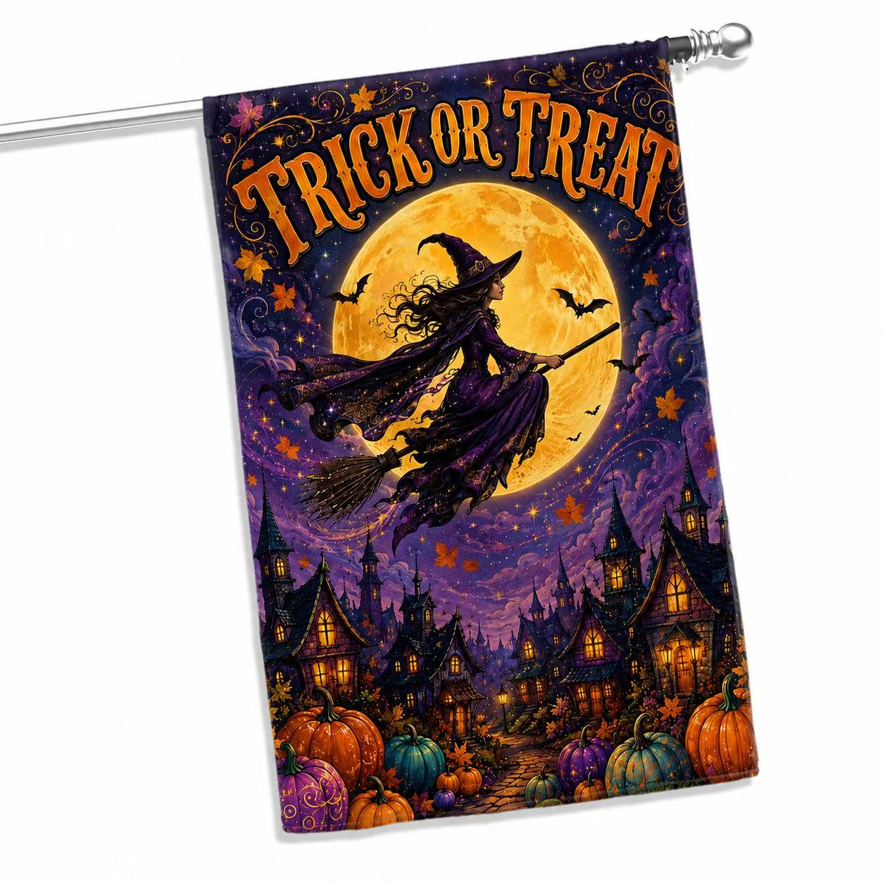 Halloween Trick or Treat Flying Witch Full Moon Garden Flag