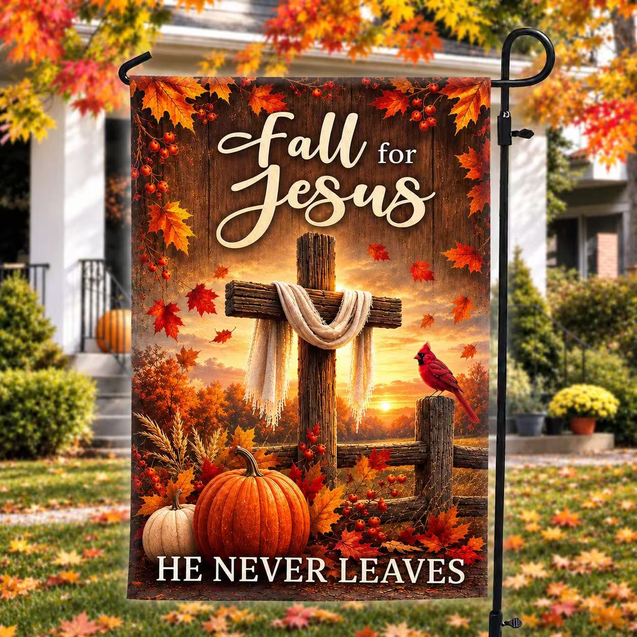 Fall For Jesus He Never Leaves Autumn Maple Leaf Cross Christian US Flag