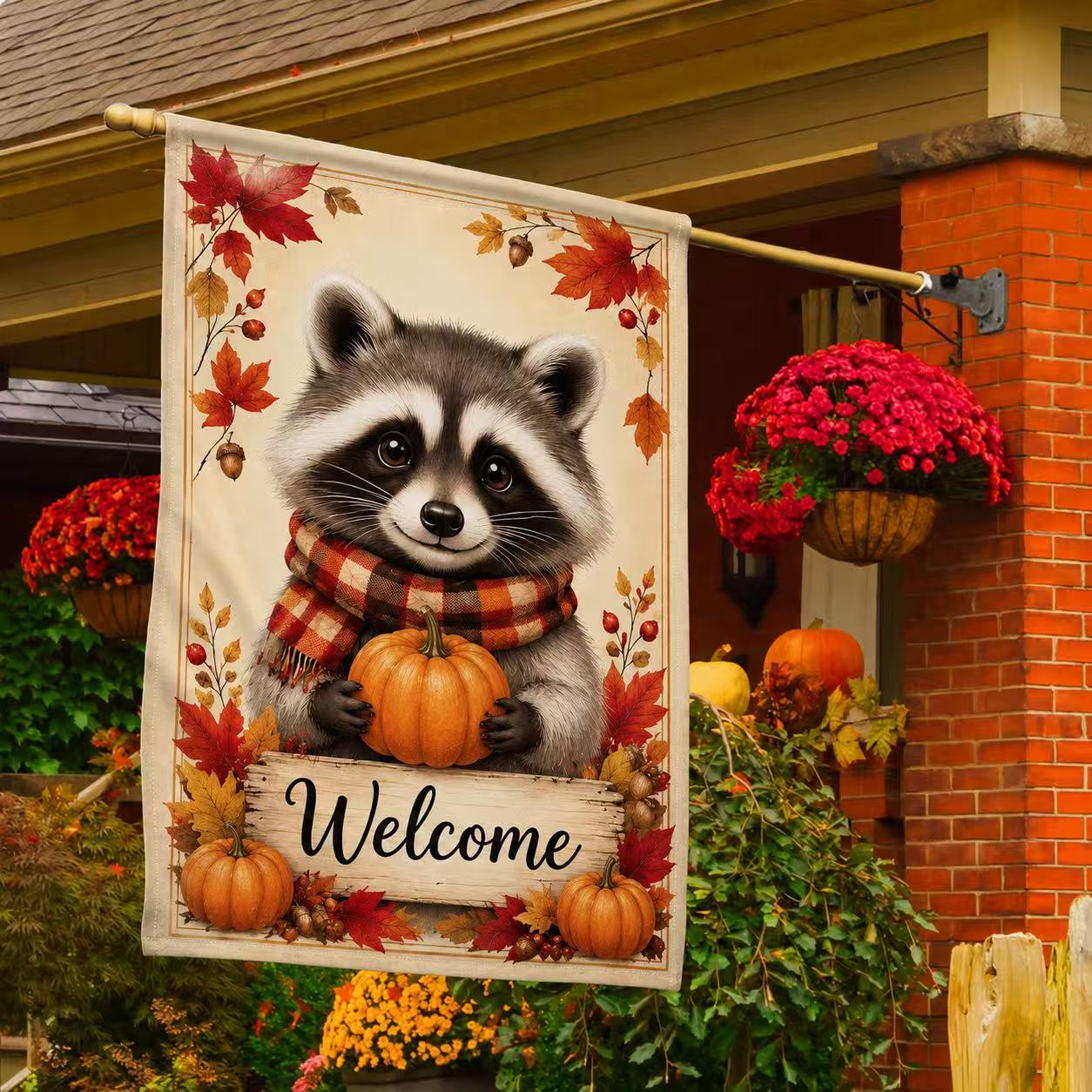 Welcome Fall Cute Raccoon Pumpkin Autumn Garden Flag