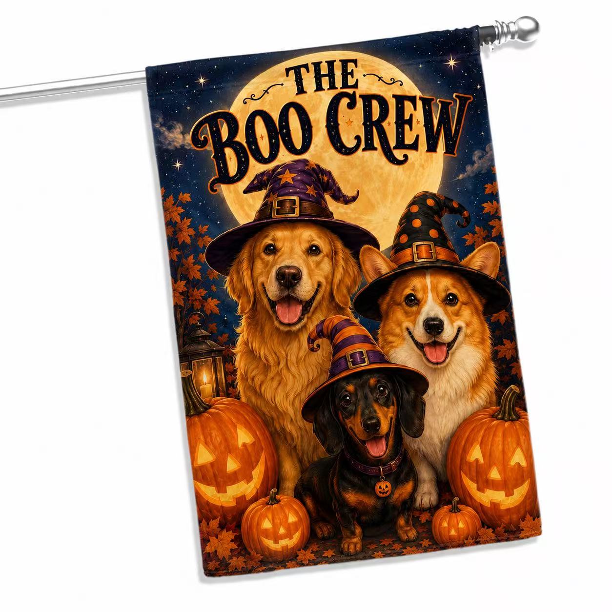 Halloween Boo Crew Witch Dogs Pumpkin Garden Flag
