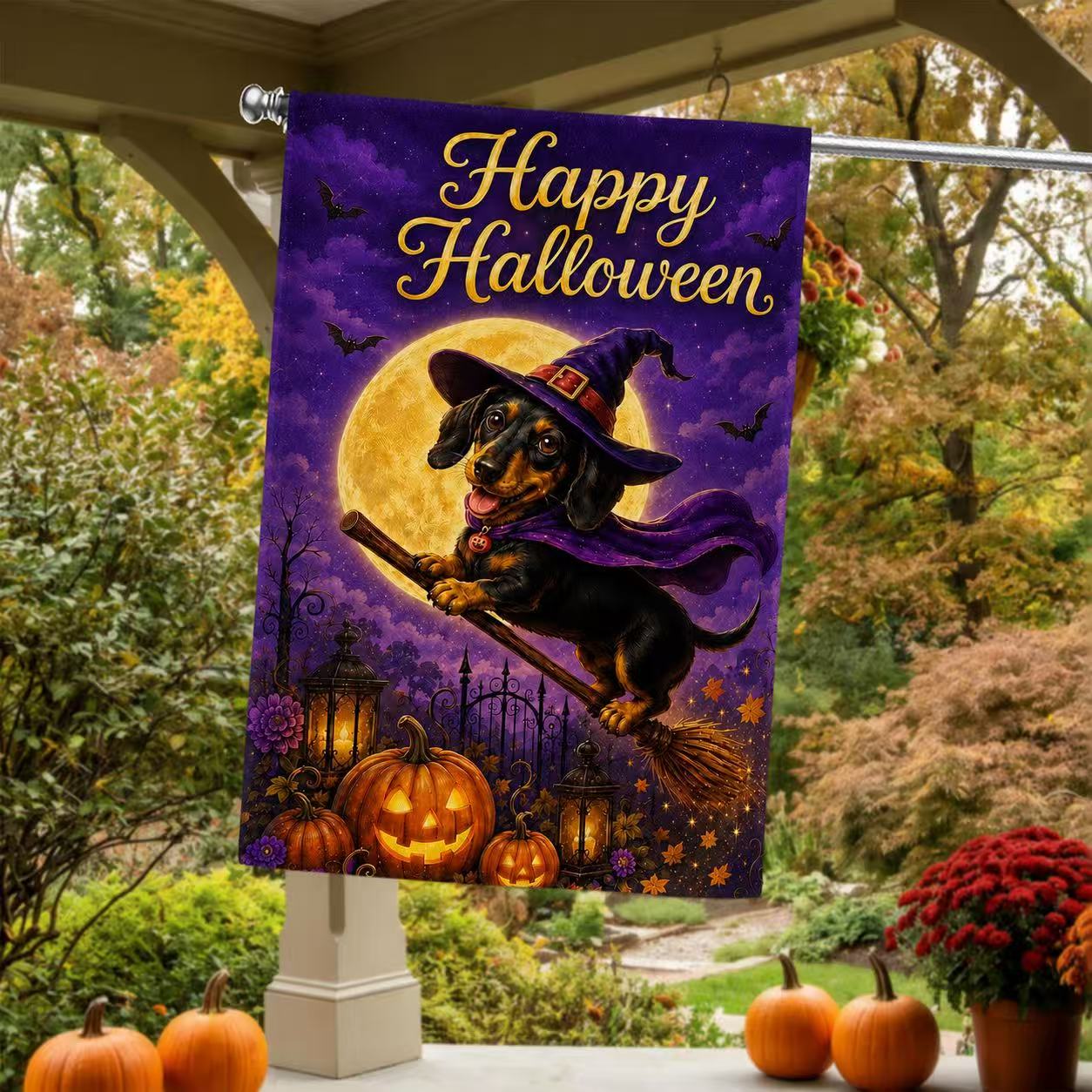 Happy Halloween Witch Dachshund Pumpkin Garden Flag