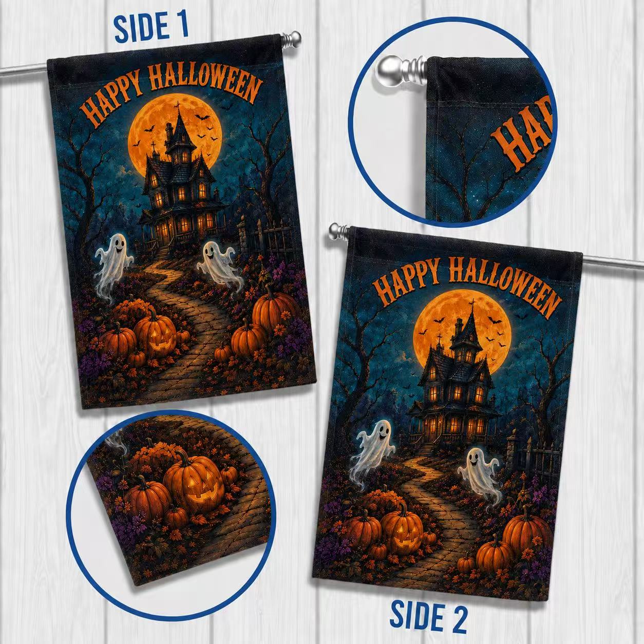 Happy Halloween Ghosts Haunted House Pumpkin Full Moon Garden Flag
