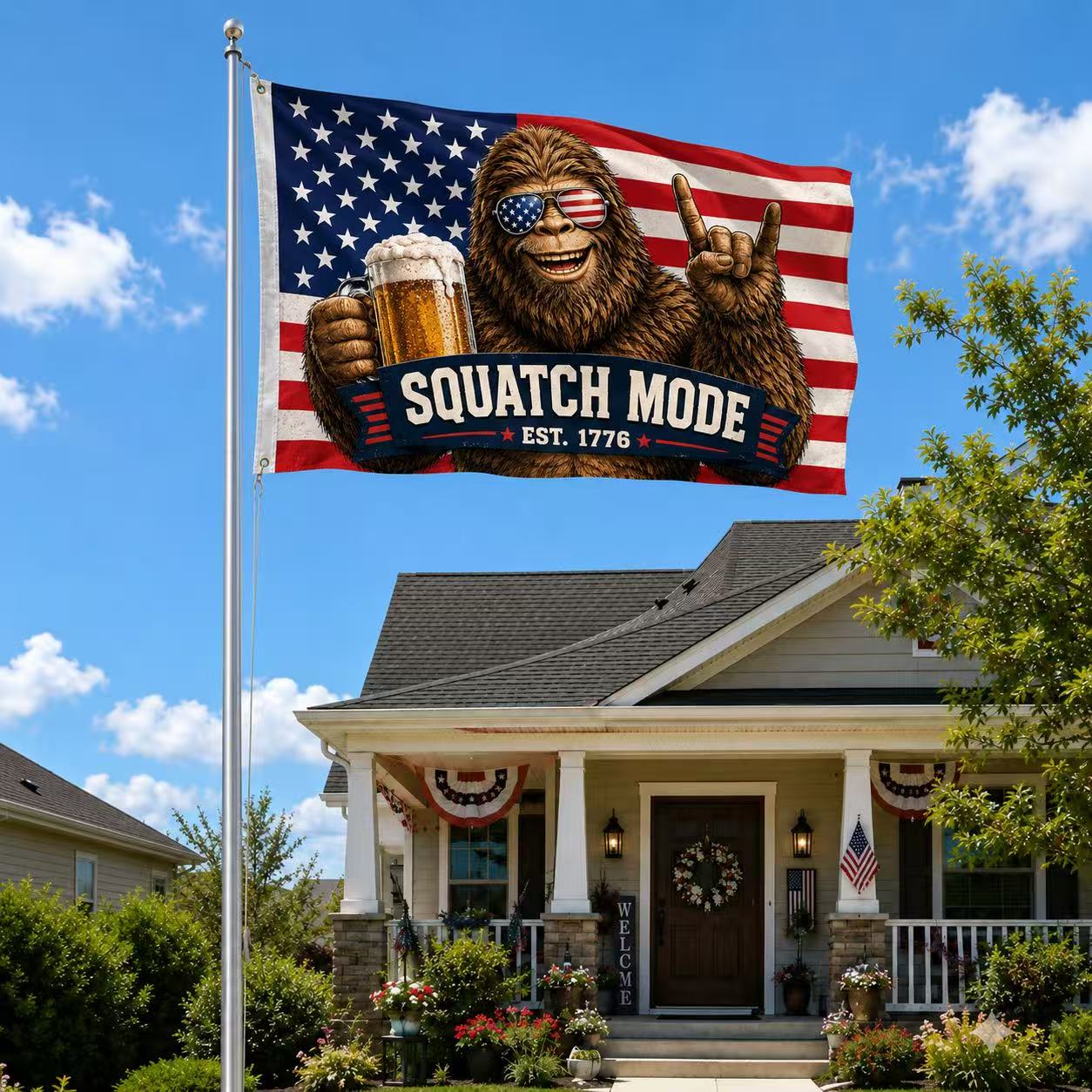 Patriotic Bigfoot “Squatch Mode” American Flag – Est. 1776