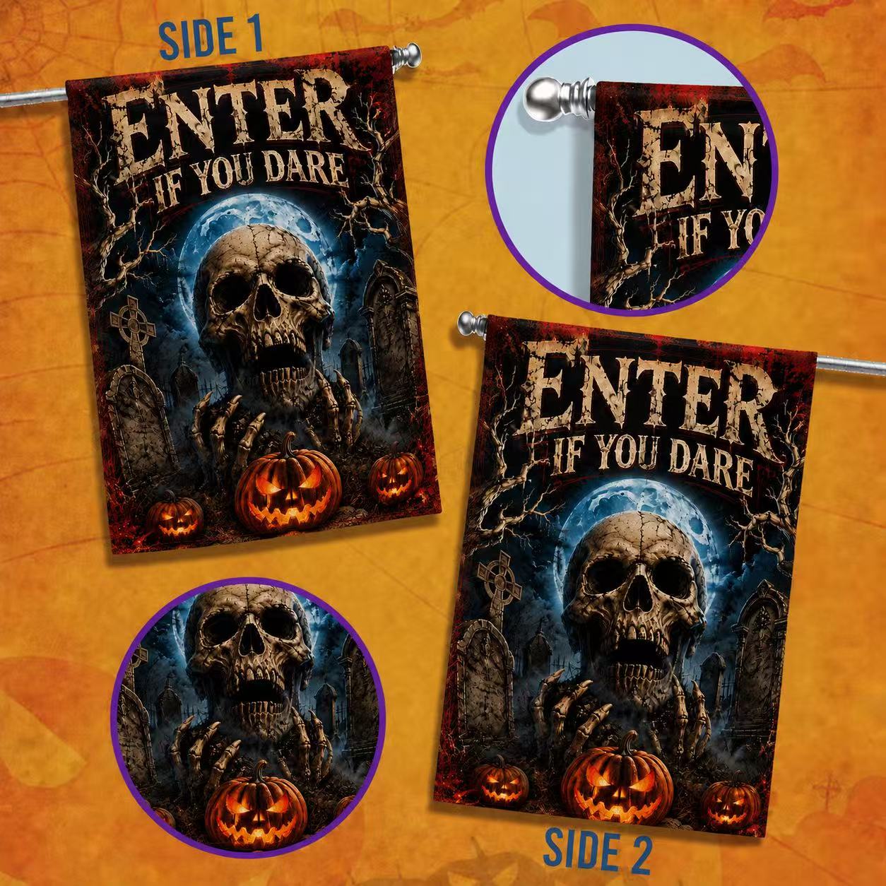 Halloween Enter If You Dare Skull Graveyard Pumpkin Garden Flag