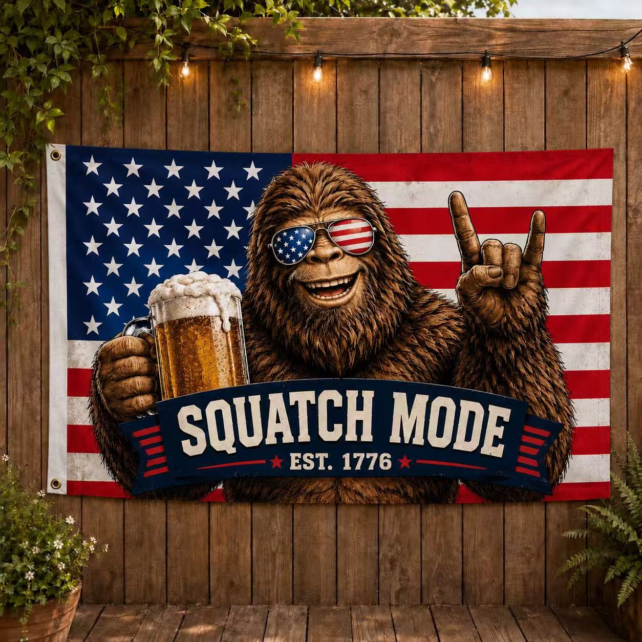 Patriotic Bigfoot “Squatch Mode” American Flag – Est. 1776