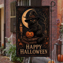 Happy Halloween Black Cat Witch Moonlight House Flag