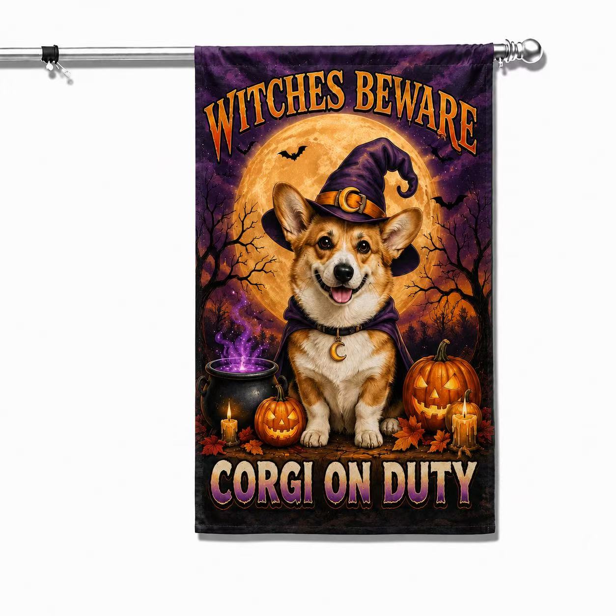 Witches Beware Corgi on Duty Halloween Garden Flag