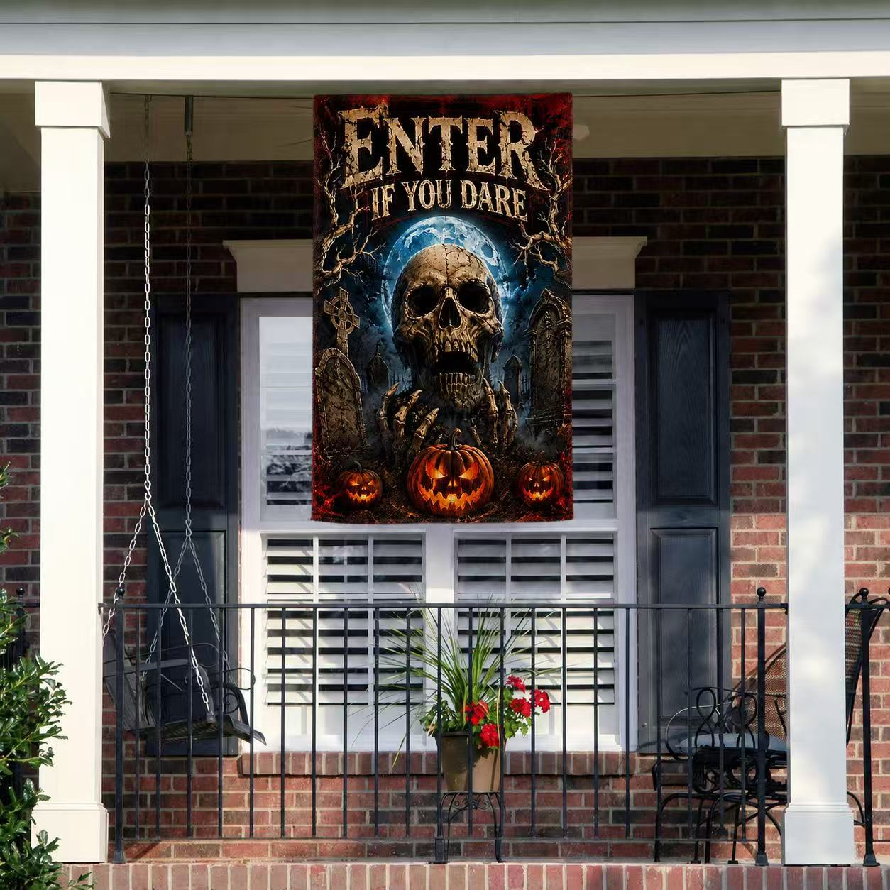 Halloween Enter If You Dare Skull Graveyard Pumpkin Garden Flag