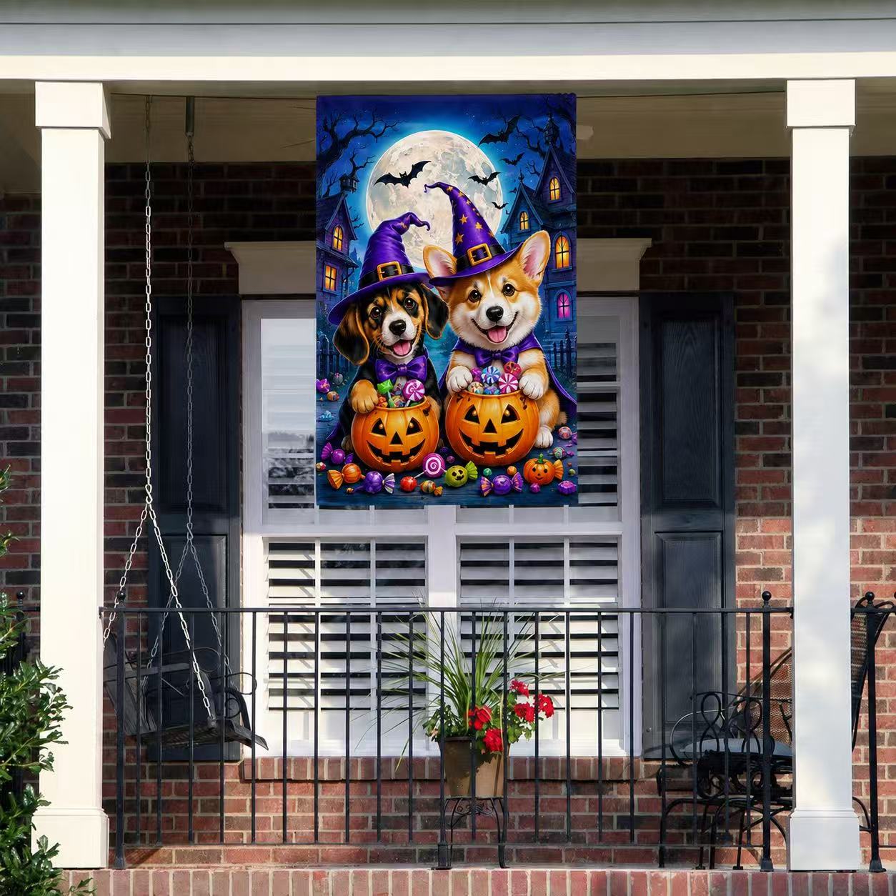 Halloween Cute Witch Dogs Pumpkin Candy Full Moon Garden Flag