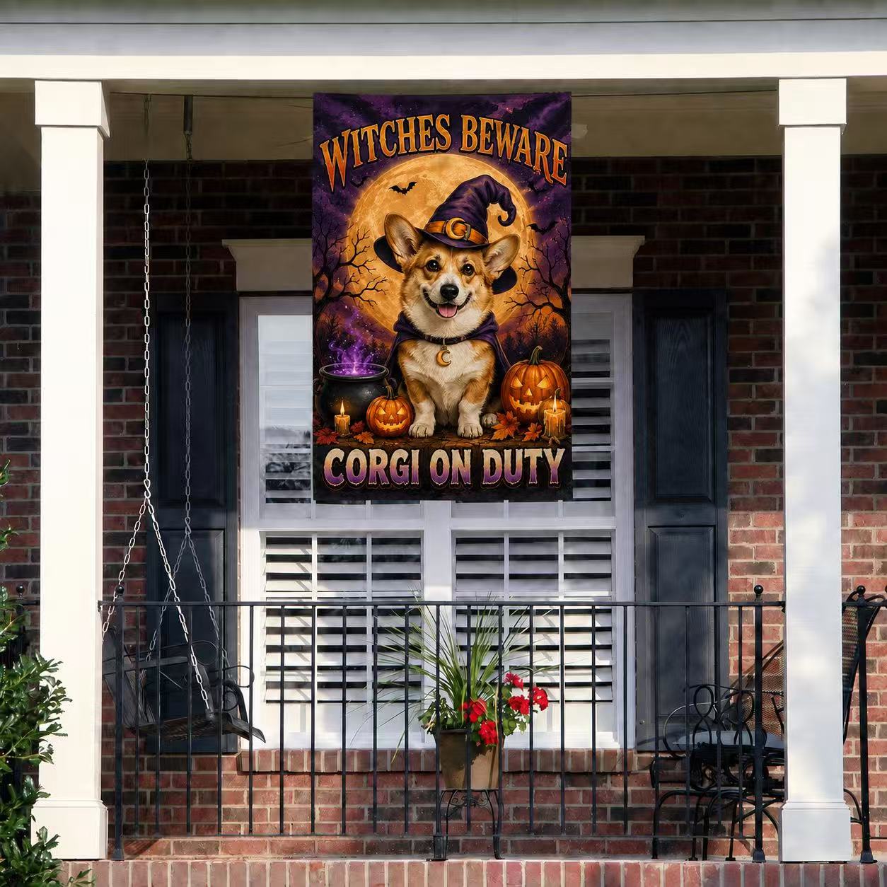Witches Beware Corgi on Duty Halloween Garden Flag