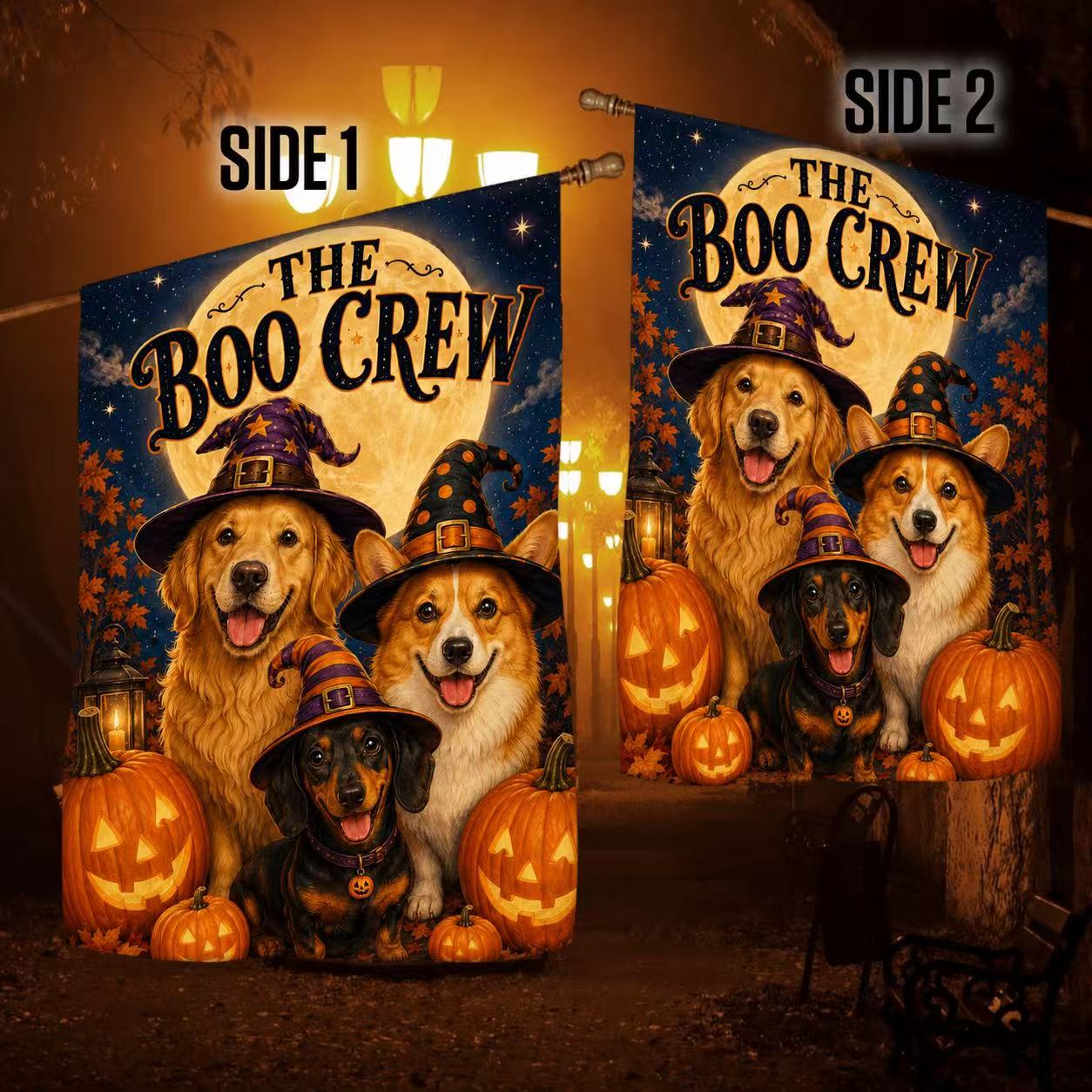Halloween Boo Crew Witch Dogs Pumpkin Garden Flag