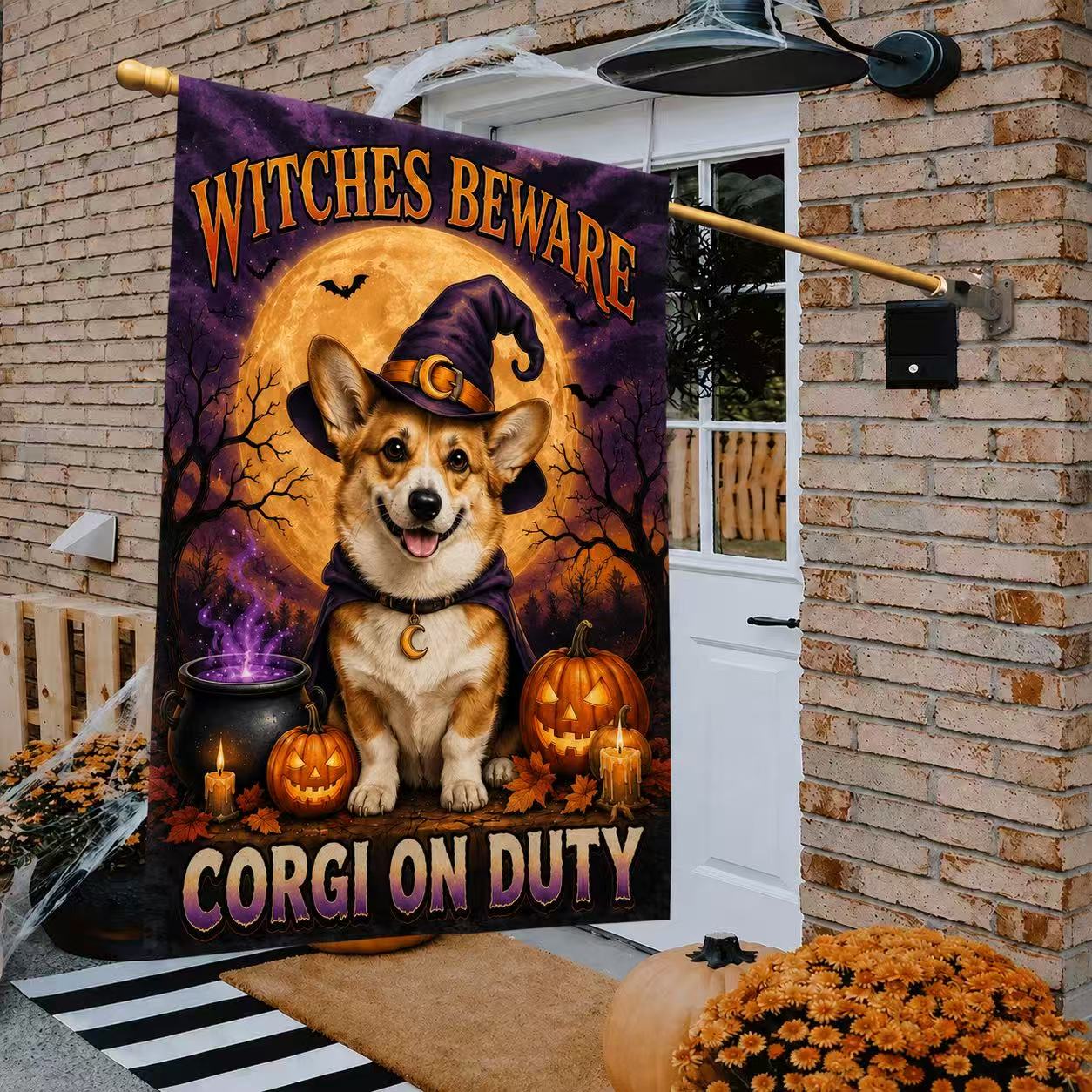 Witches Beware Corgi on Duty Halloween Garden Flag