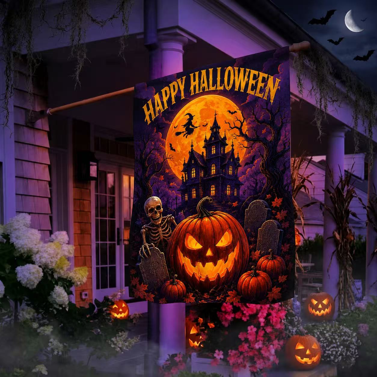 Halloween Haunted House Pumpkin Garden Flag