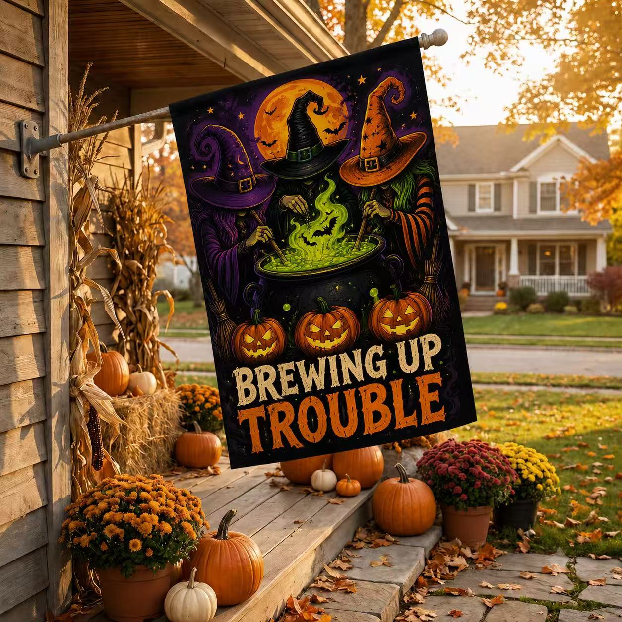 Brewing Up Trouble Witch Halloween Garden Flag