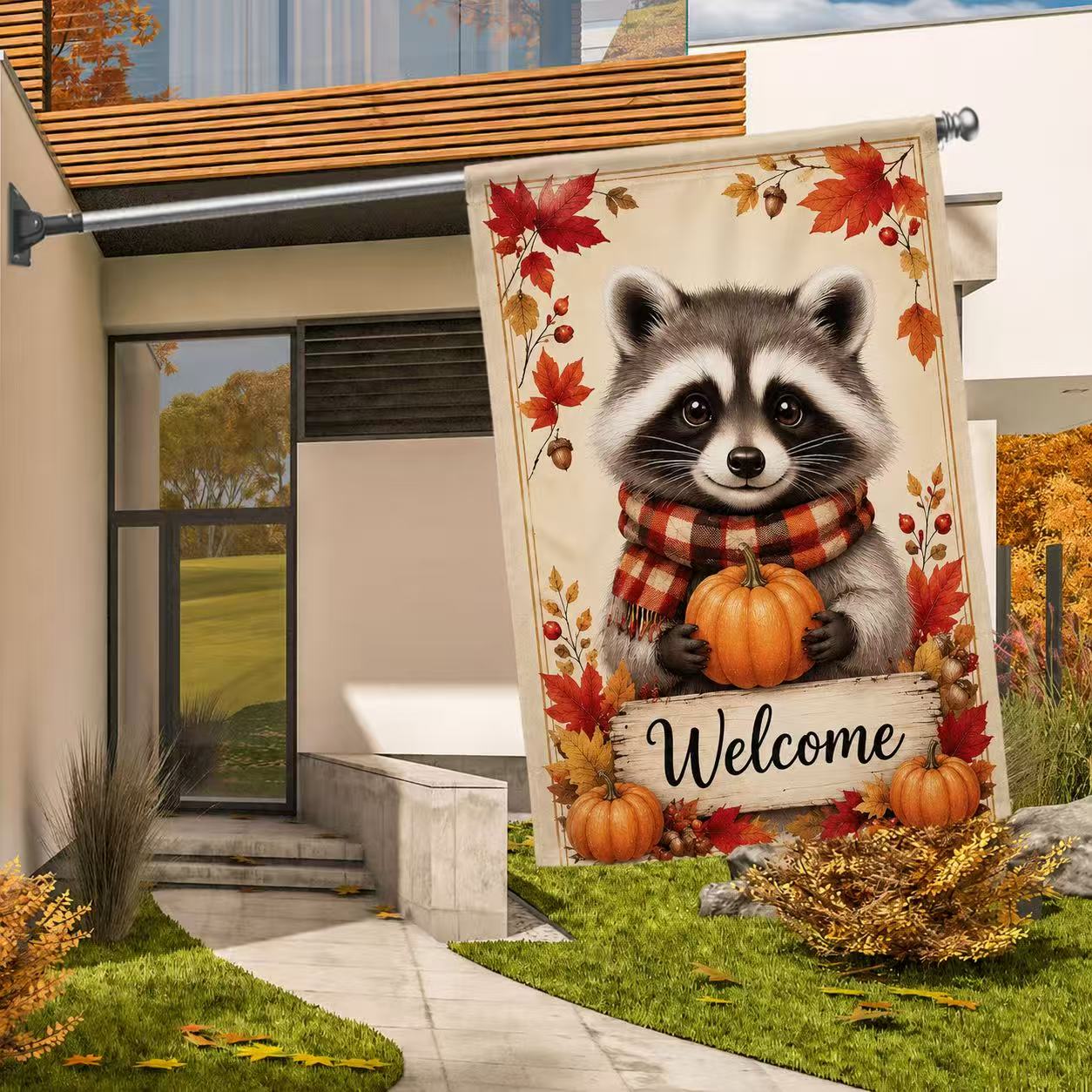 Welcome Fall Cute Raccoon Pumpkin Autumn Garden Flag