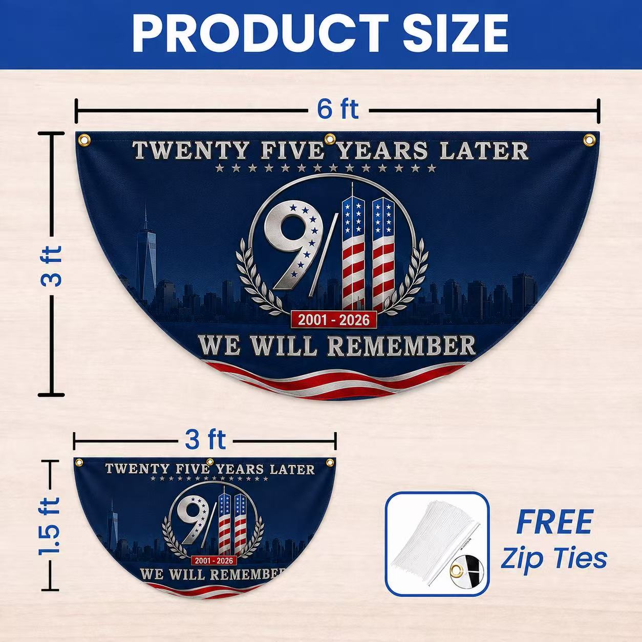 9/11 25th Anniversary We Will Remember Memorial Half Circle Fan Flag