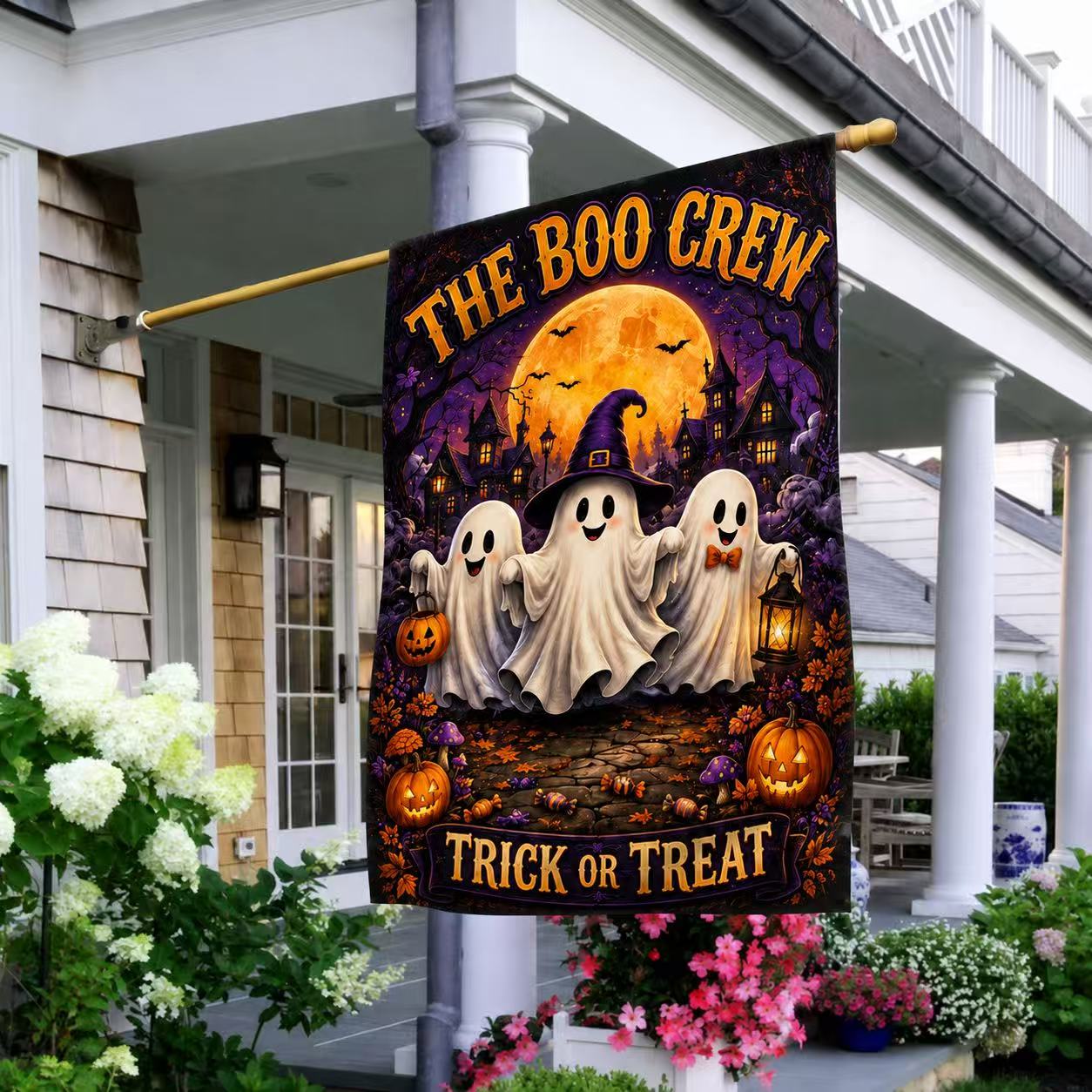 The Boo Crew Cute Ghosts Trick or Treat Halloween Garden Flag