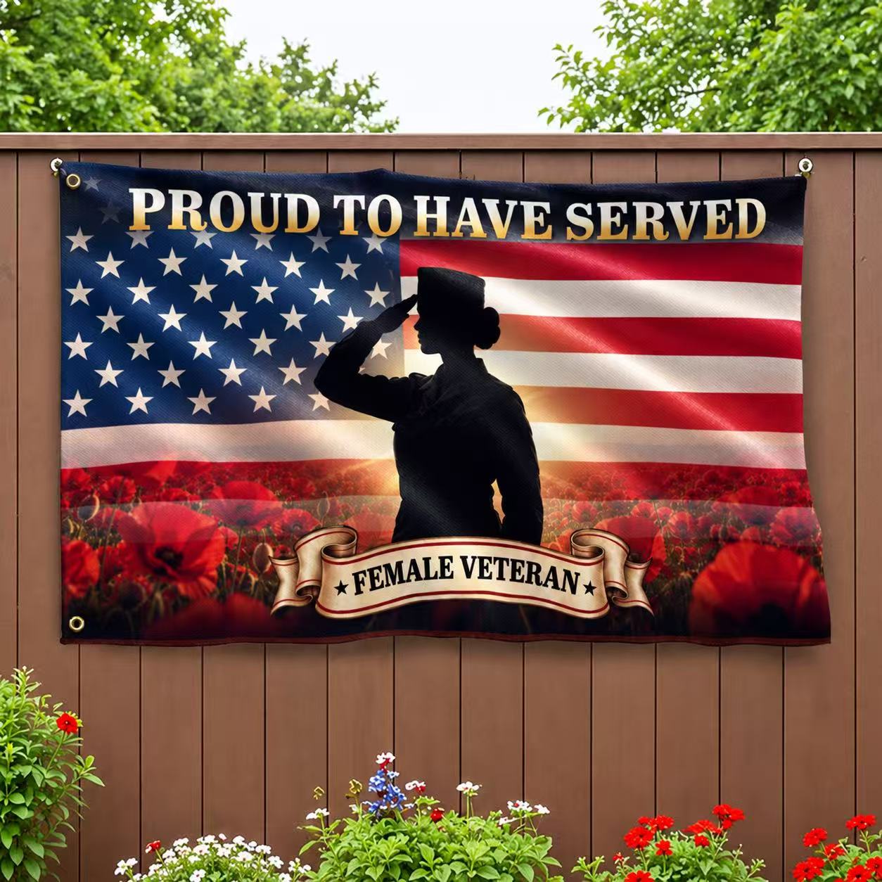 Female Veteran Flag, Proud To Have Served Red Poppy Grommet Flag