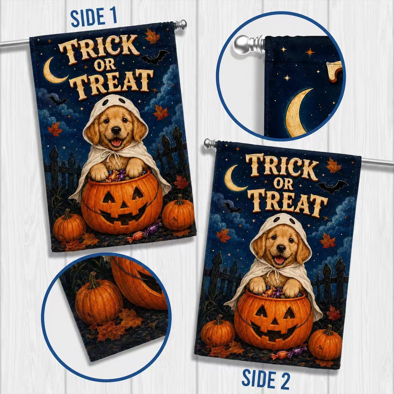 Cute Golden Retriever Trick or Treat Halloween Garden Flag