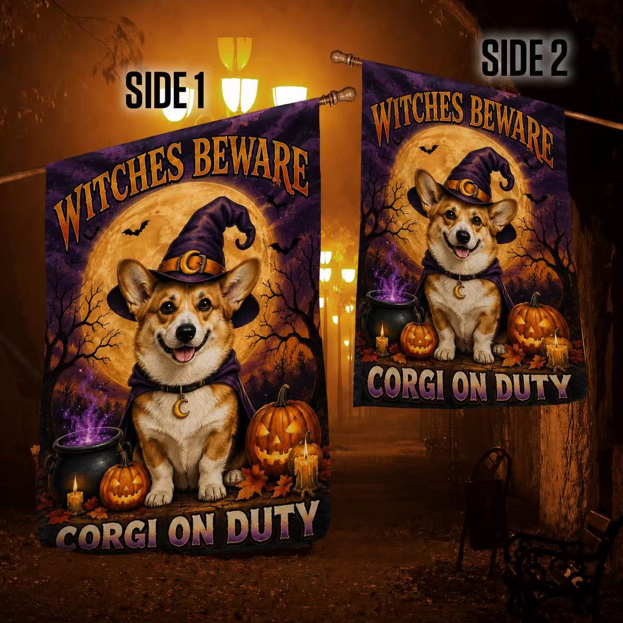 Witches Beware Corgi on Duty Halloween Garden Flag