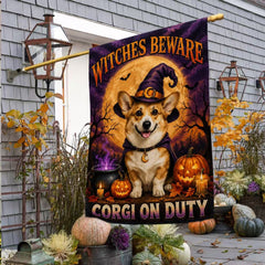Witches Beware Corgi on Duty Halloween Garden Flag