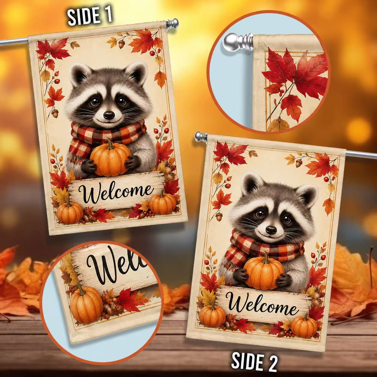 Welcome Fall Cute Raccoon Pumpkin Autumn Garden Flag