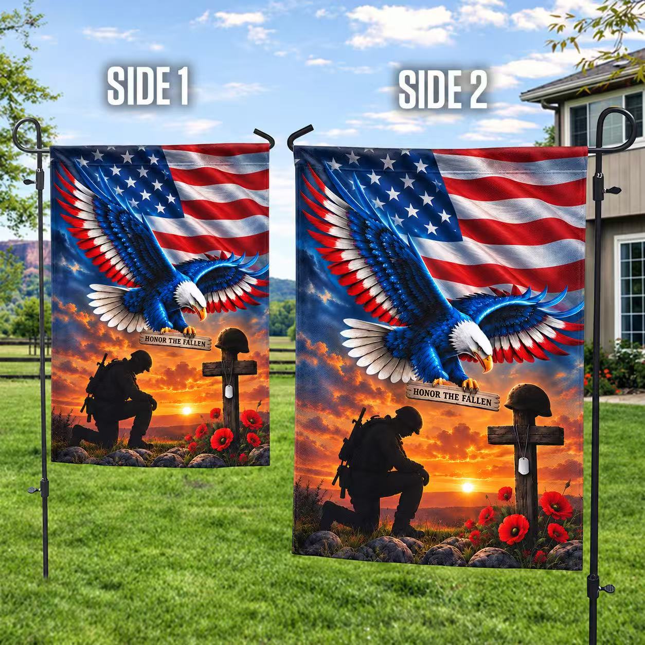 Veterans Day Flag. Veteran Kneeling Soldier Christian Cross We The People Flag