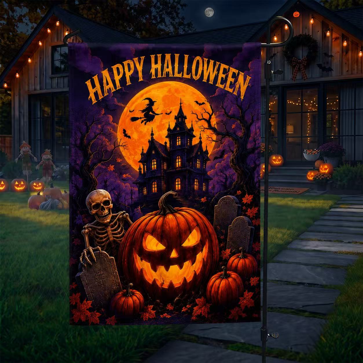 Halloween Haunted House Pumpkin Garden Flag