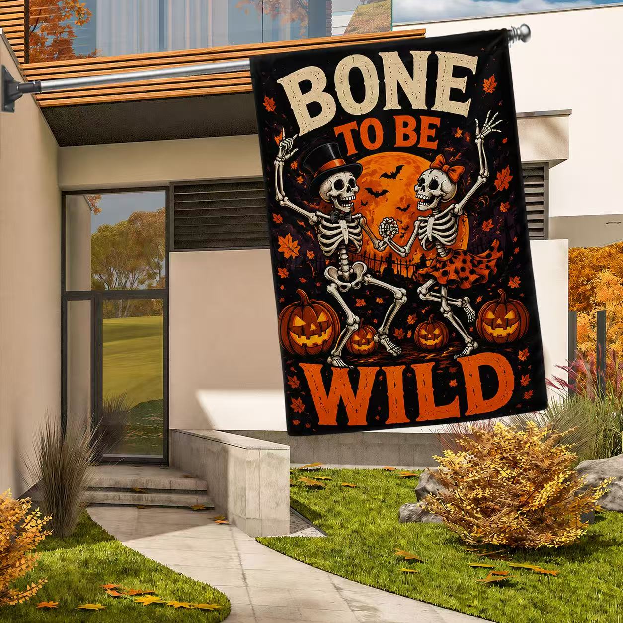 Bone to Be Wild Skeleton Couple Halloween Garden Flag