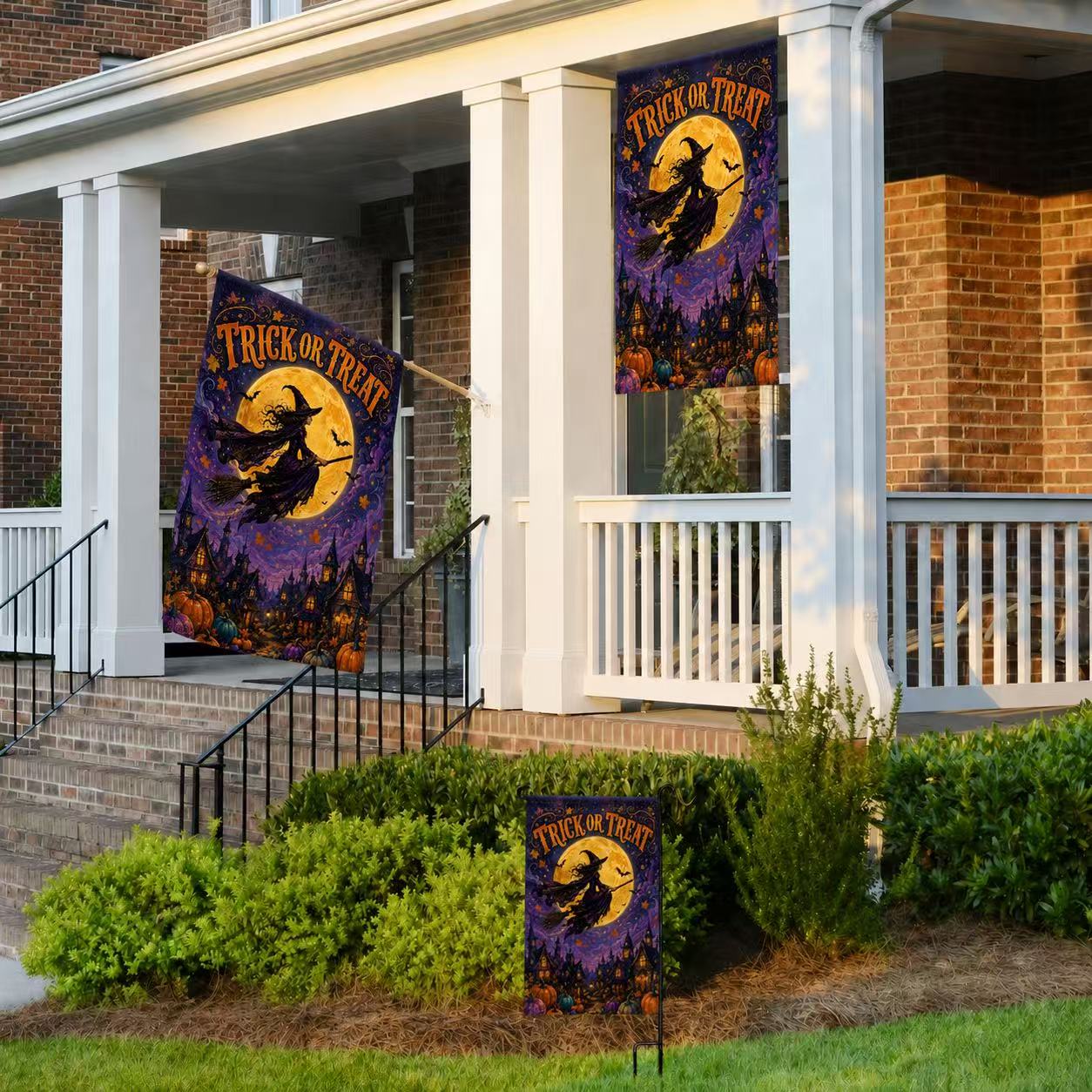 Halloween Trick or Treat Flying Witch Full Moon Garden Flag
