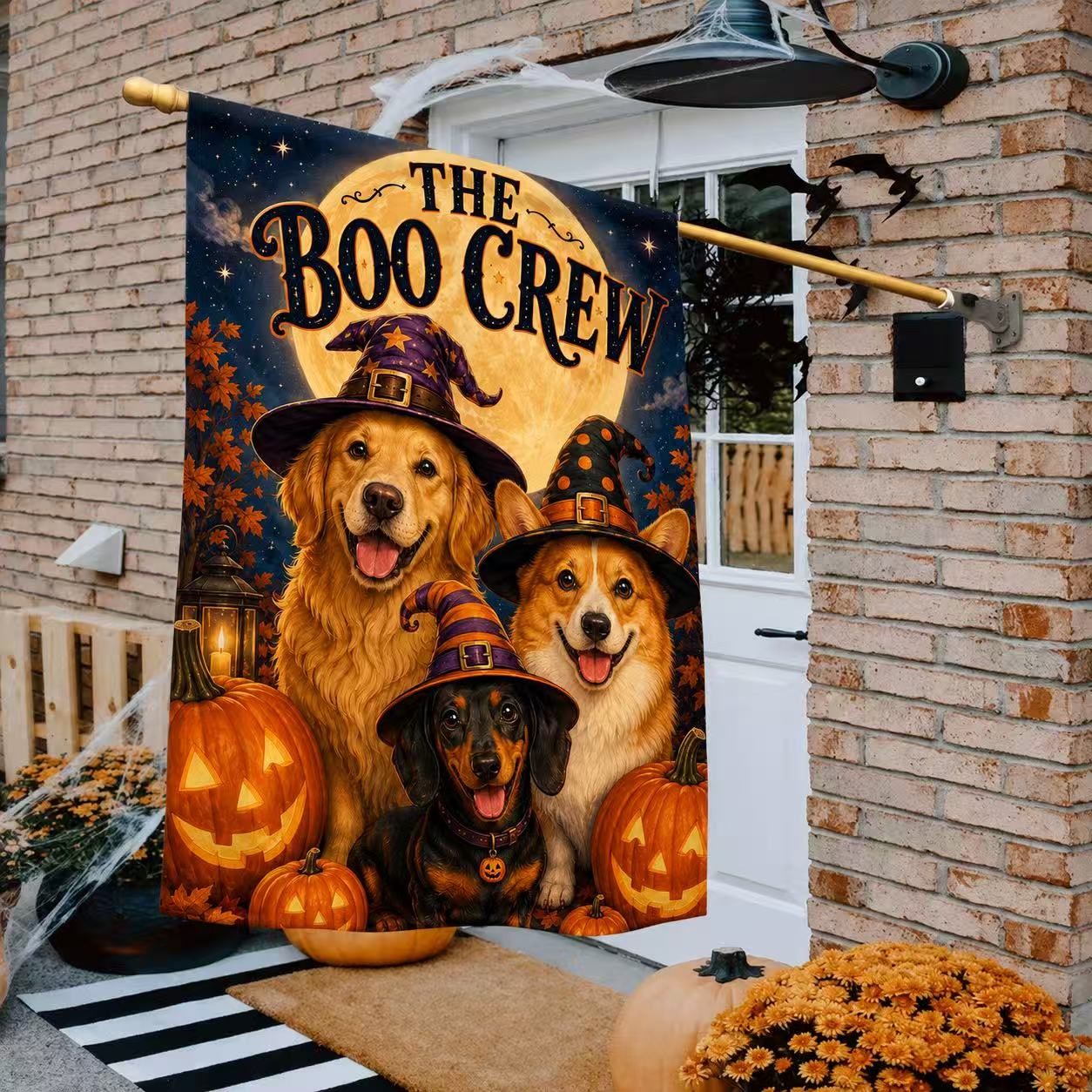 Halloween Boo Crew Witch Dogs Pumpkin Garden Flag