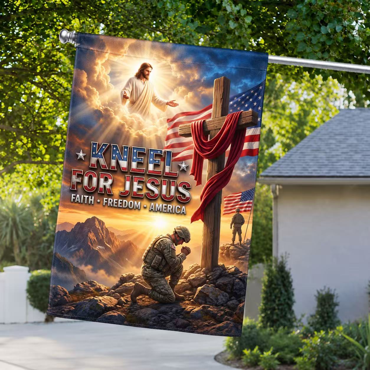 Veterans Day Kneel for Jesus Patriotic Garden Flag