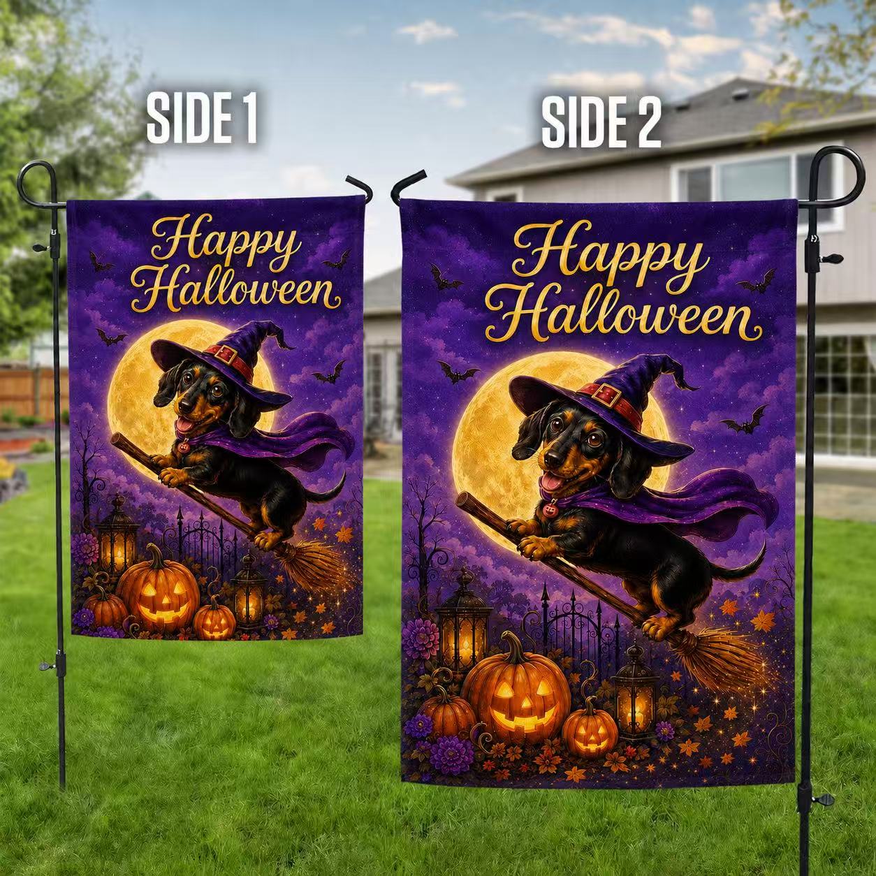 Happy Halloween Witch Dachshund Pumpkin Garden Flag