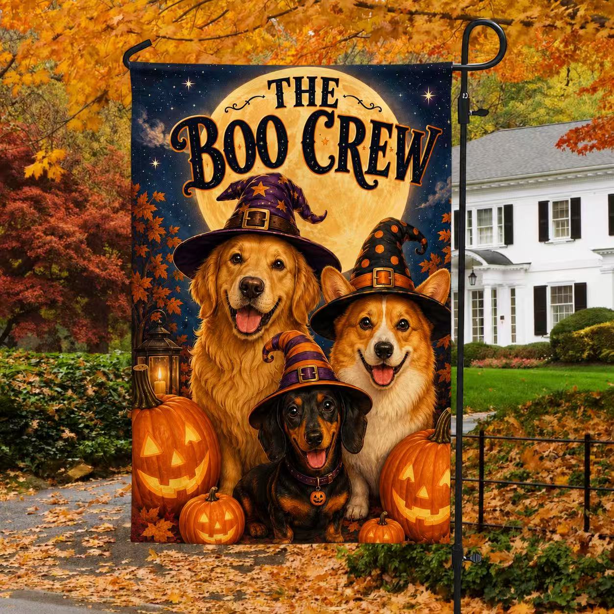 Halloween Boo Crew Witch Dogs Pumpkin Garden Flag