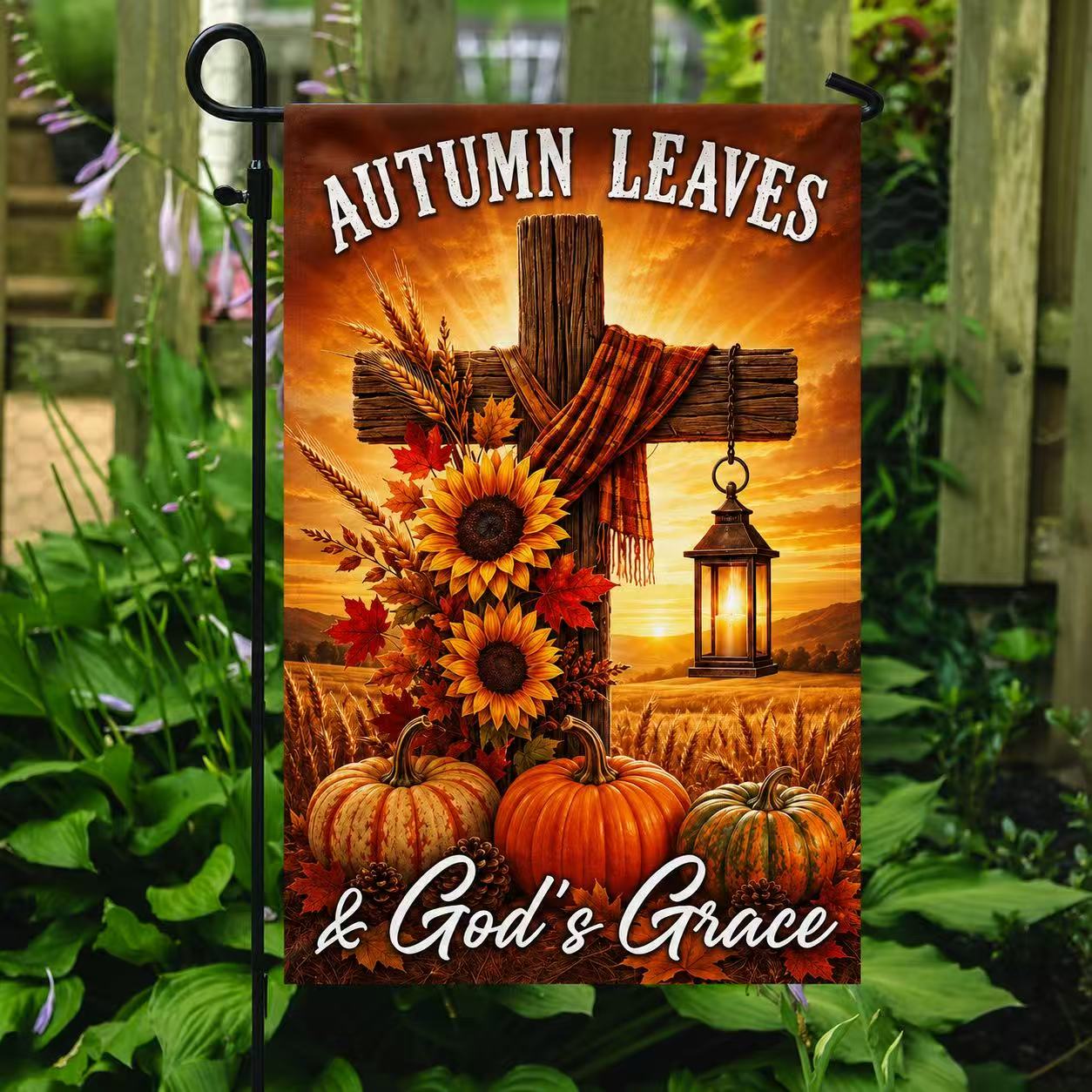 Fall Thanksgiving Christian Cross Flag Autumn Leaves & God’s Grace Pumpkins Harvest Flag
