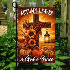 Fall Thanksgiving Christian Cross Flag Autumn Leaves & God’s Grace Pumpkins Harvest Flag