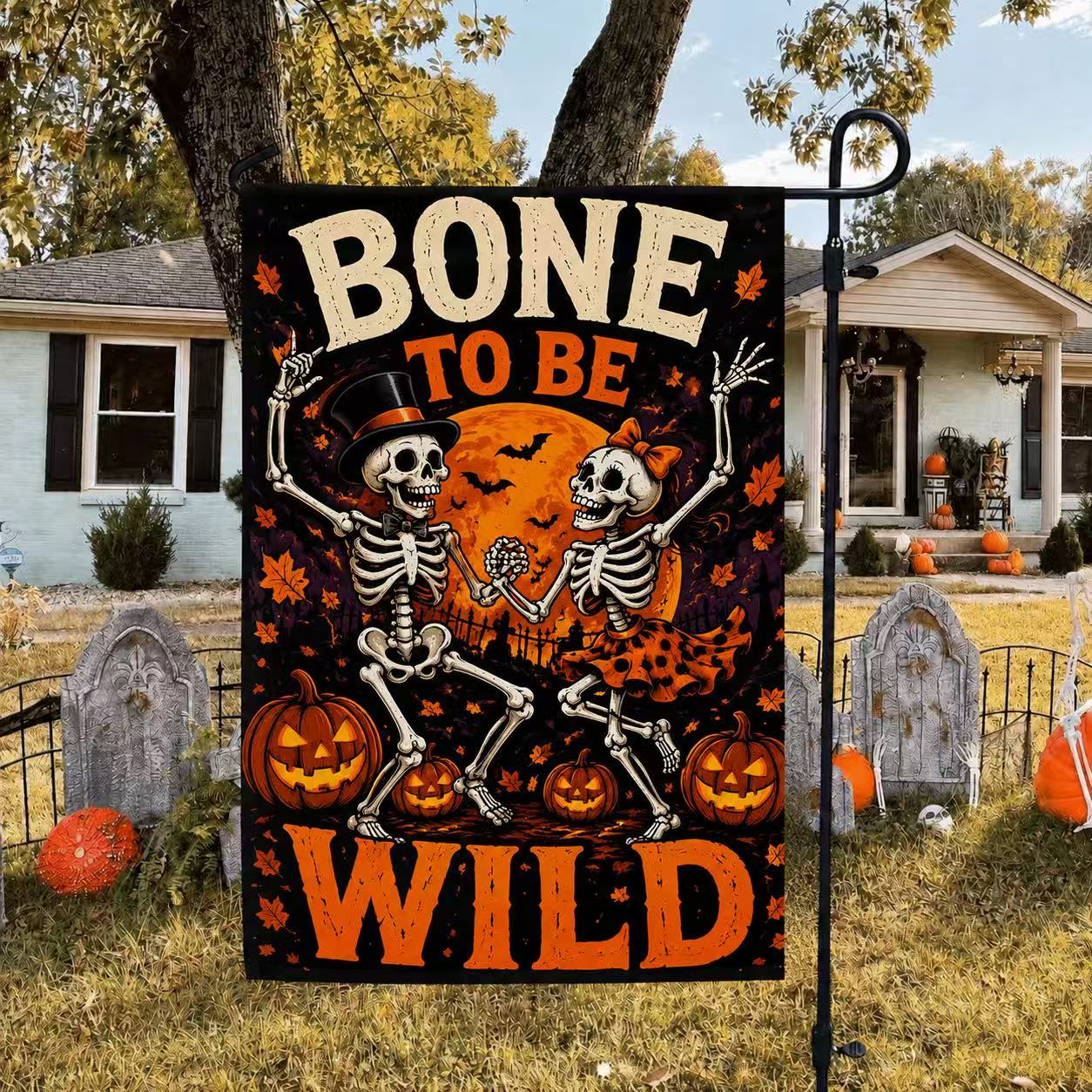 Bone to Be Wild Skeleton Couple Halloween Garden Flag